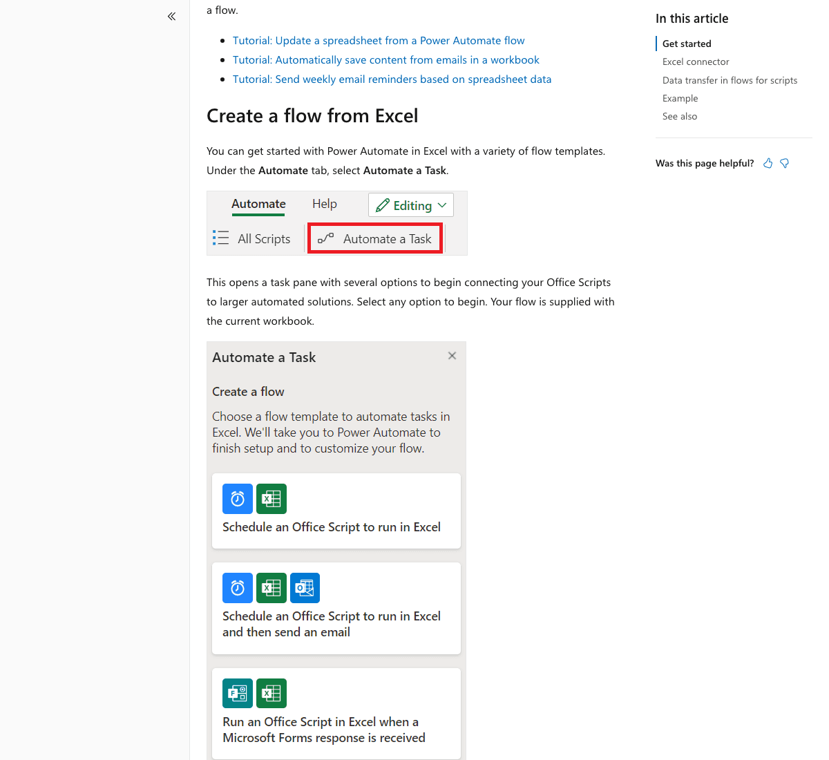 Office Scripts Power Automate-Aufgabenbereich wird in der Microsoft-Dokumentation angezeigt