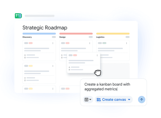 Google Sheets tuval Kanban örneği resmi ürün sayfasında