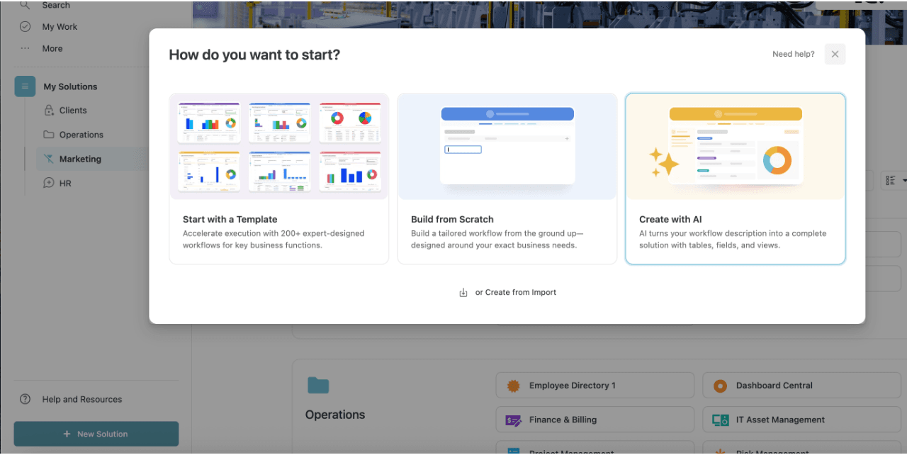 Create with AI wird in der offiziellen Dokumentation von SmartSuite gezeigt