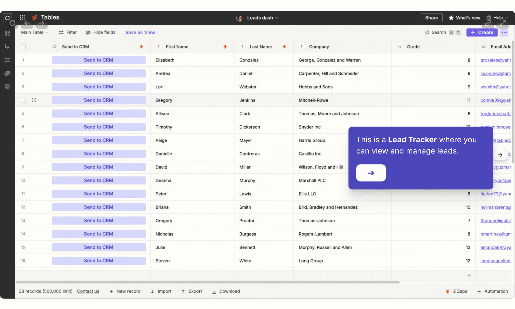 Lead-Tabelle in der öffentlichen Demo auf der Zapier-Website