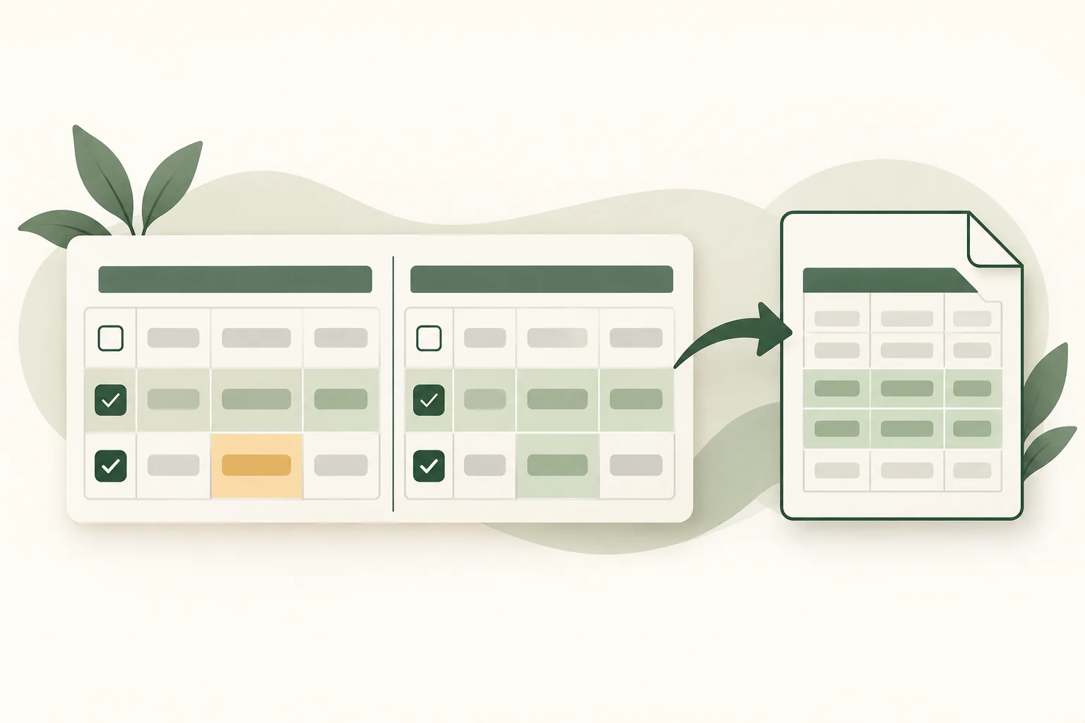 Reviewed table rows with a selected update flowing into a clean export