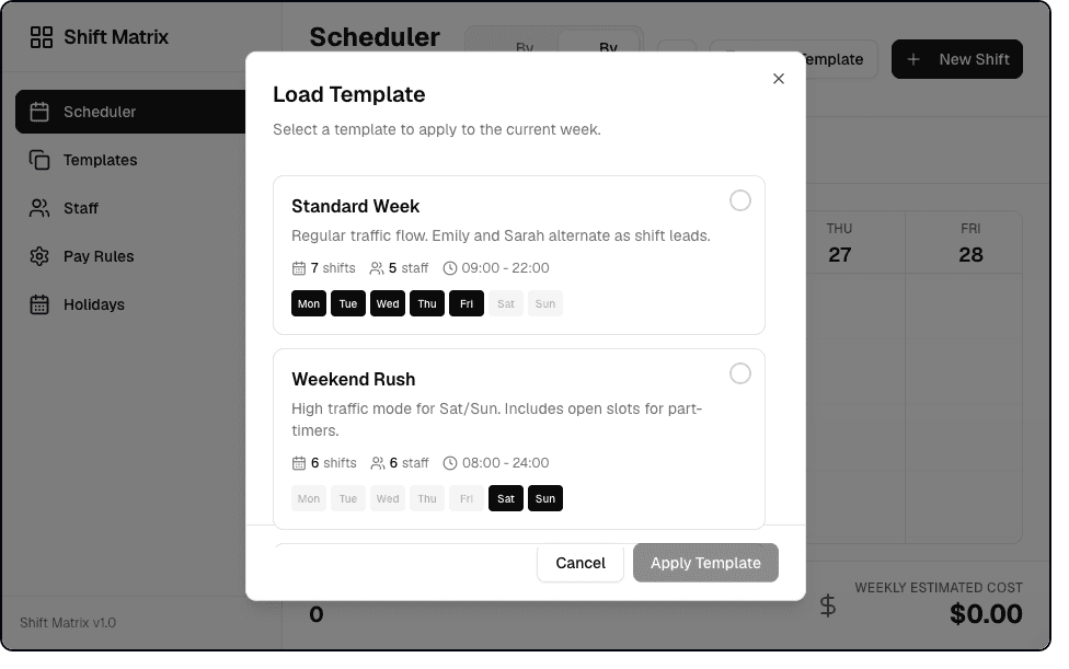 Teable Shift Matrix 应用中的排班模板选项