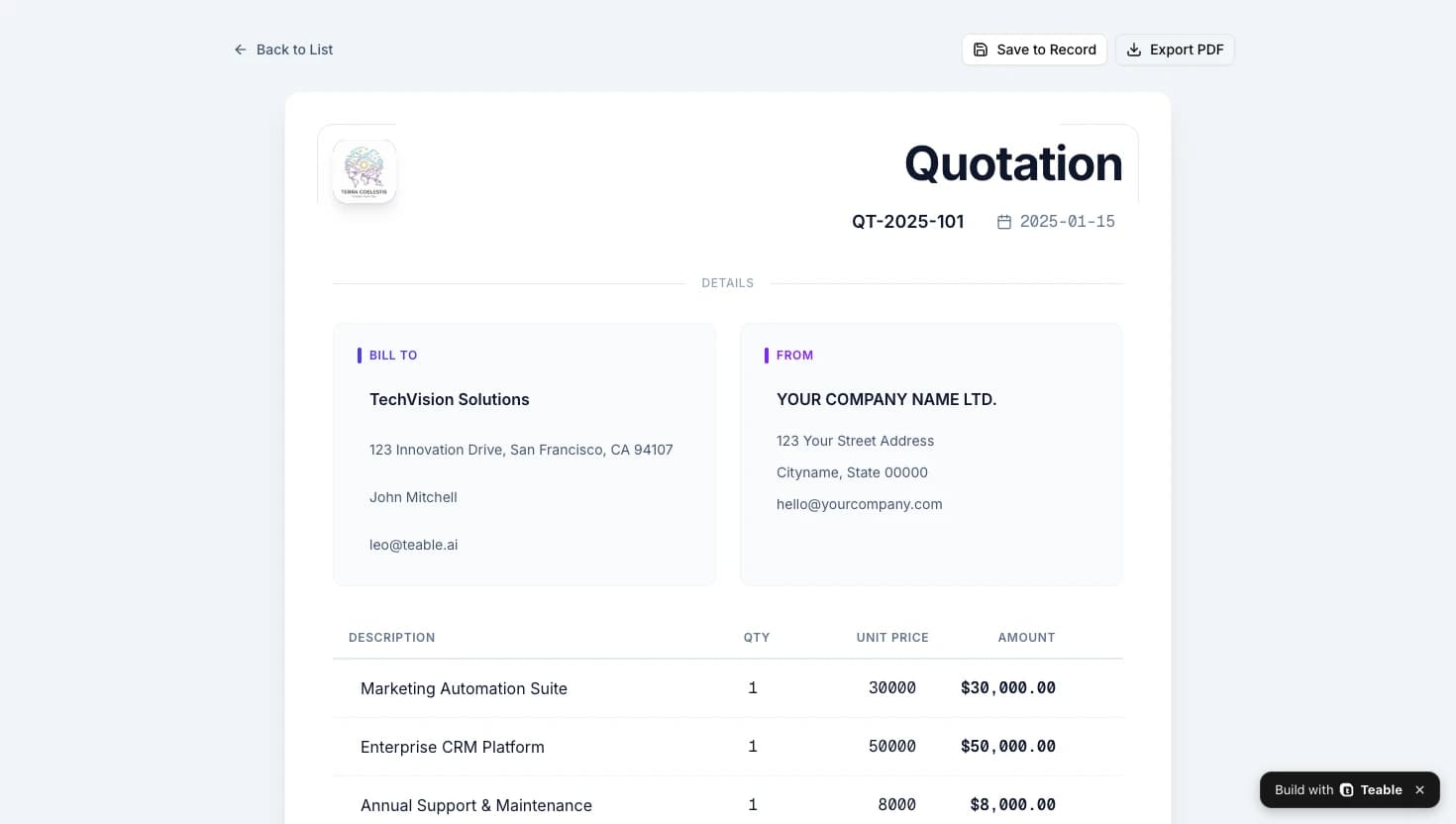 تطبيق عروض أسعار منشور من قالب CRM