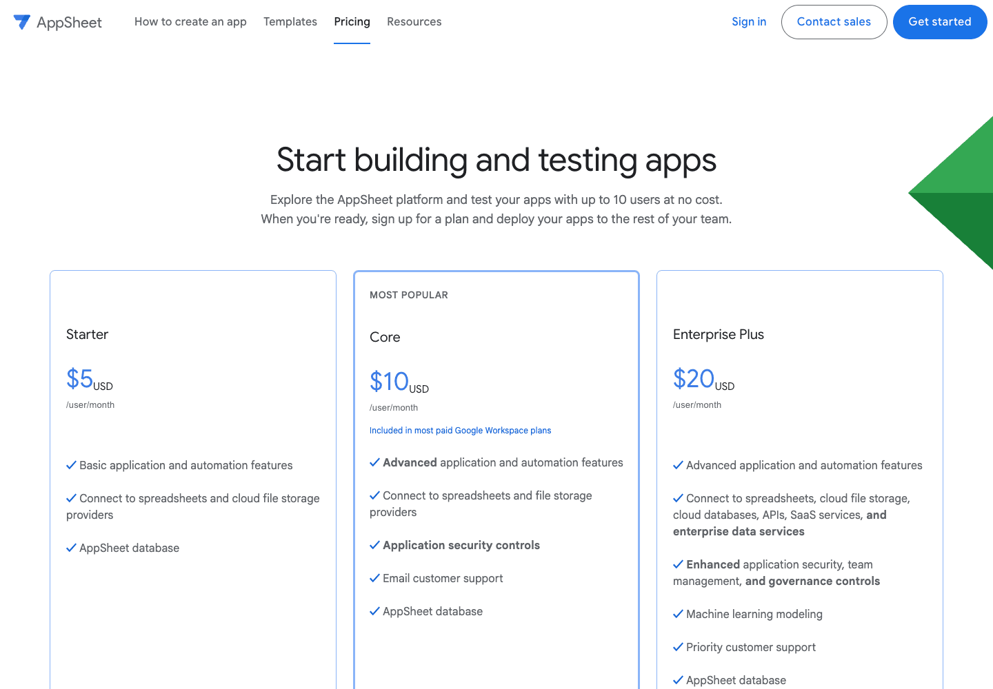 AppSheet pricing page showing test and deployment options