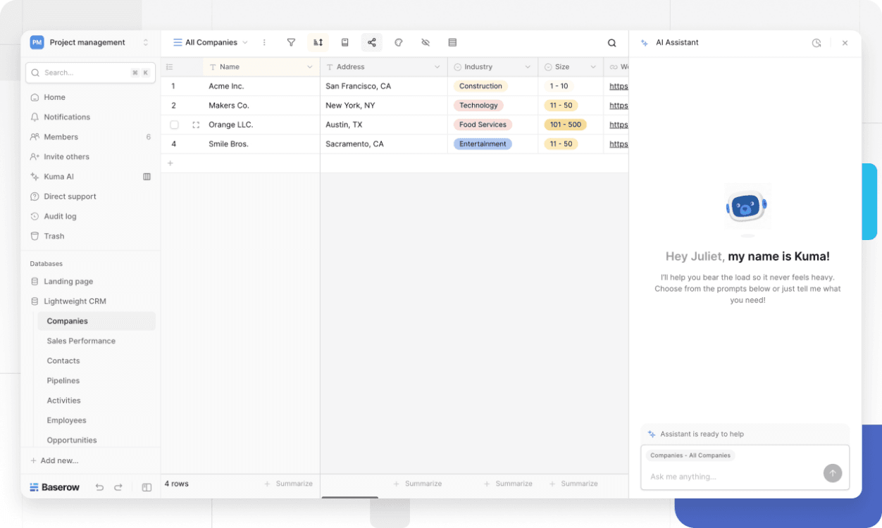 Kuma interface shown in Baserow documentation