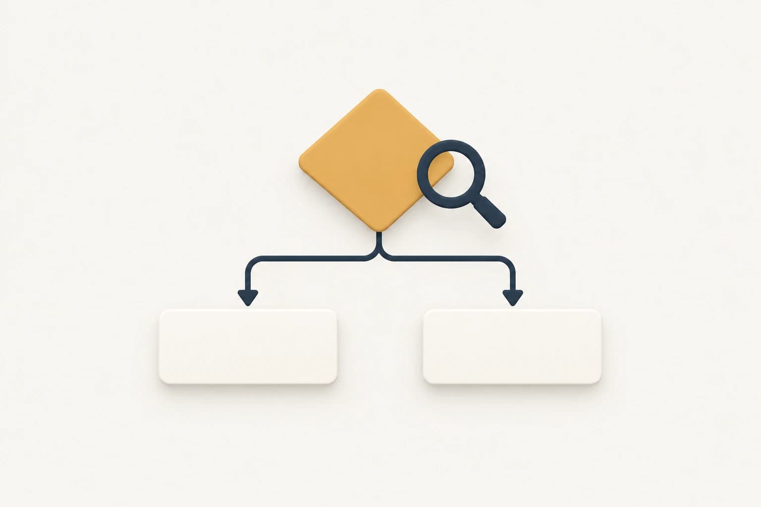 A magnifying glass highlights a decision with two possible paths