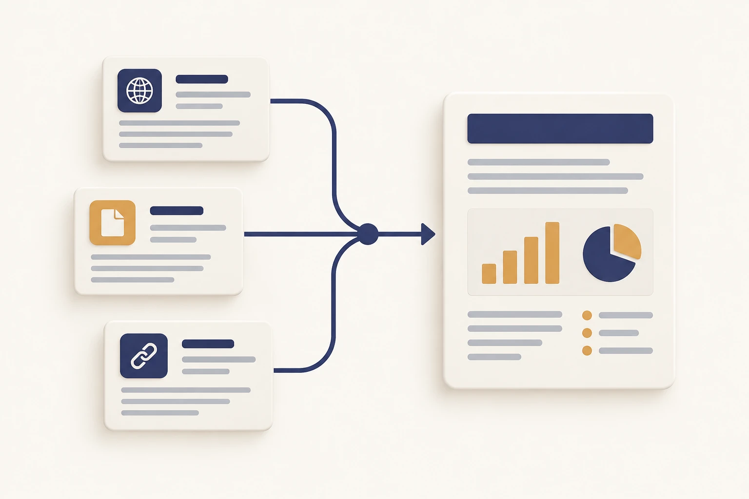 Three source cards come together in one structured research brief