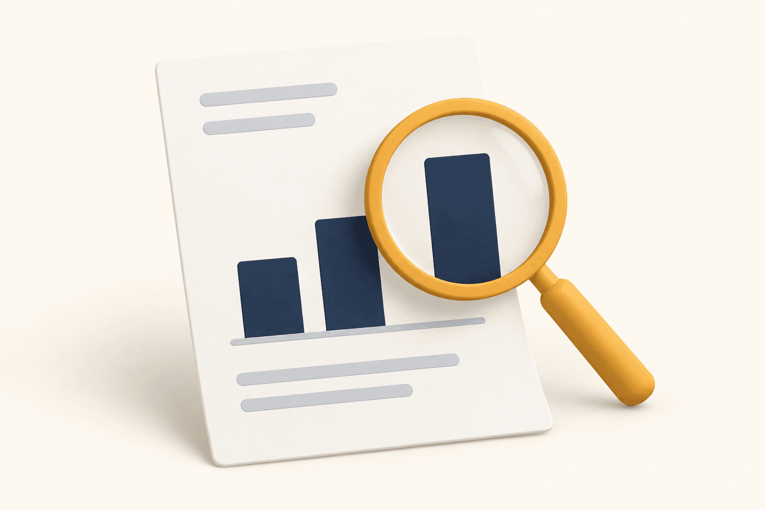 A magnifying glass highlights a bar chart for closer analysis