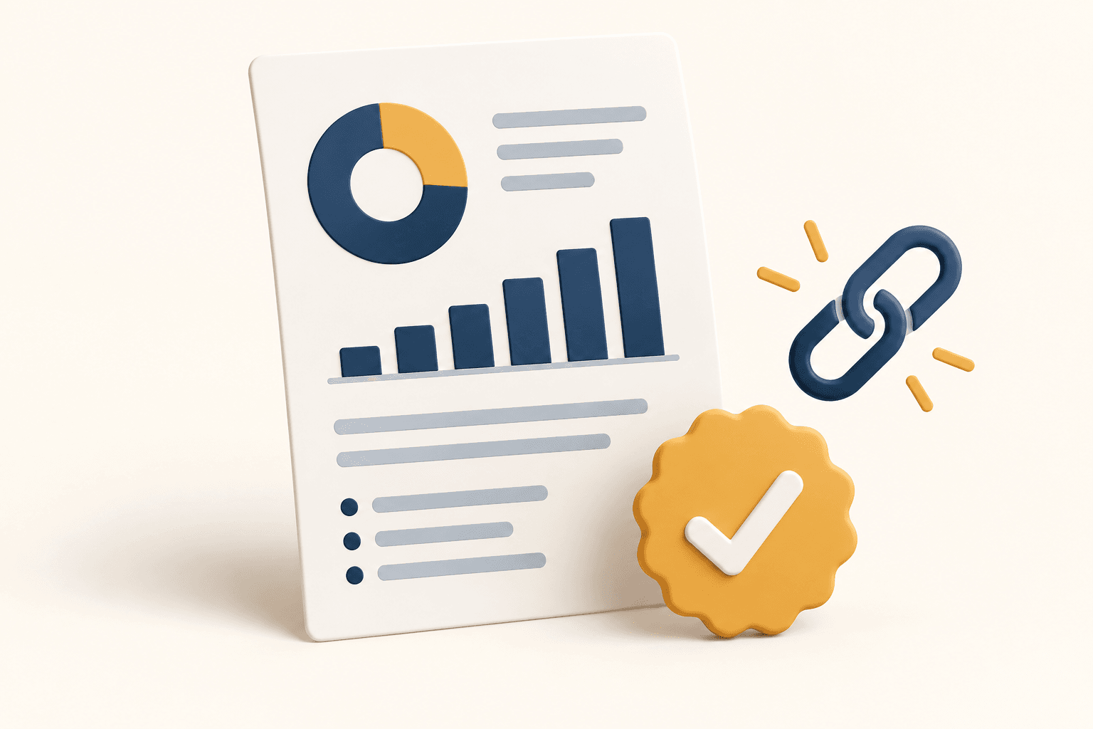 A report with charts, a sharing link and a review checkmark