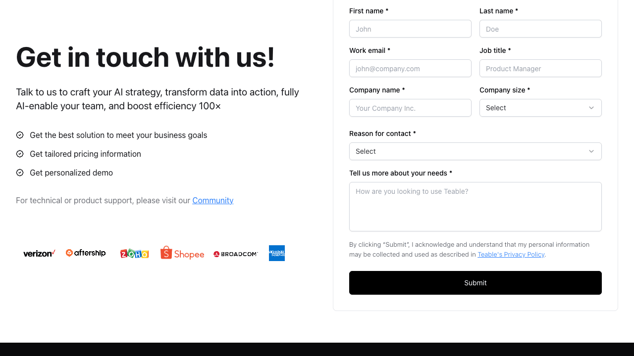 Lead intake form built with the Teable online form builder