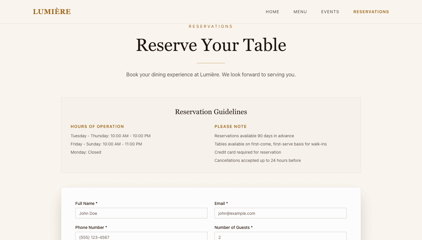 Restaurant reservation experience built from a Teable app template
