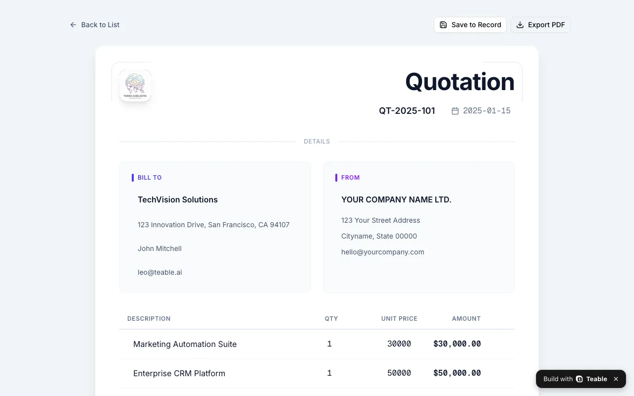 The Quote Generator app editing quote QT-2025-101: Bill To, line items with quantities and unit prices, subtotal, tax, and total, with Save to Record and Export PDF actions.