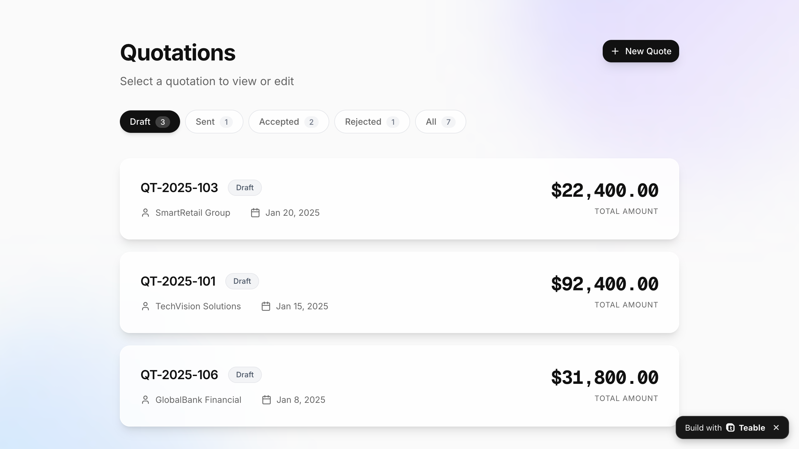 Application de devis publiée à partir du modèle CRM