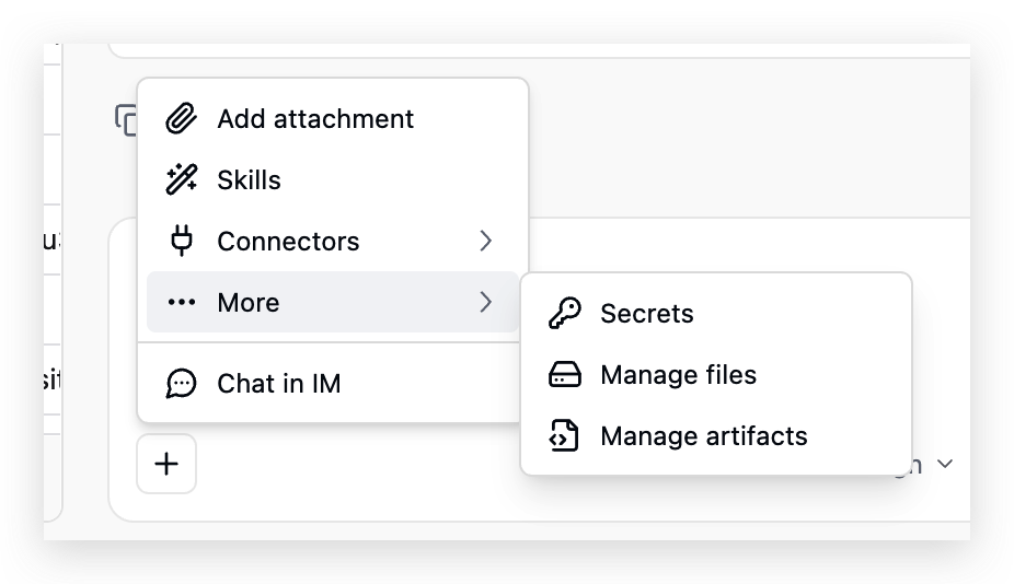 Teable AI composer menu showing More and Manage artifacts