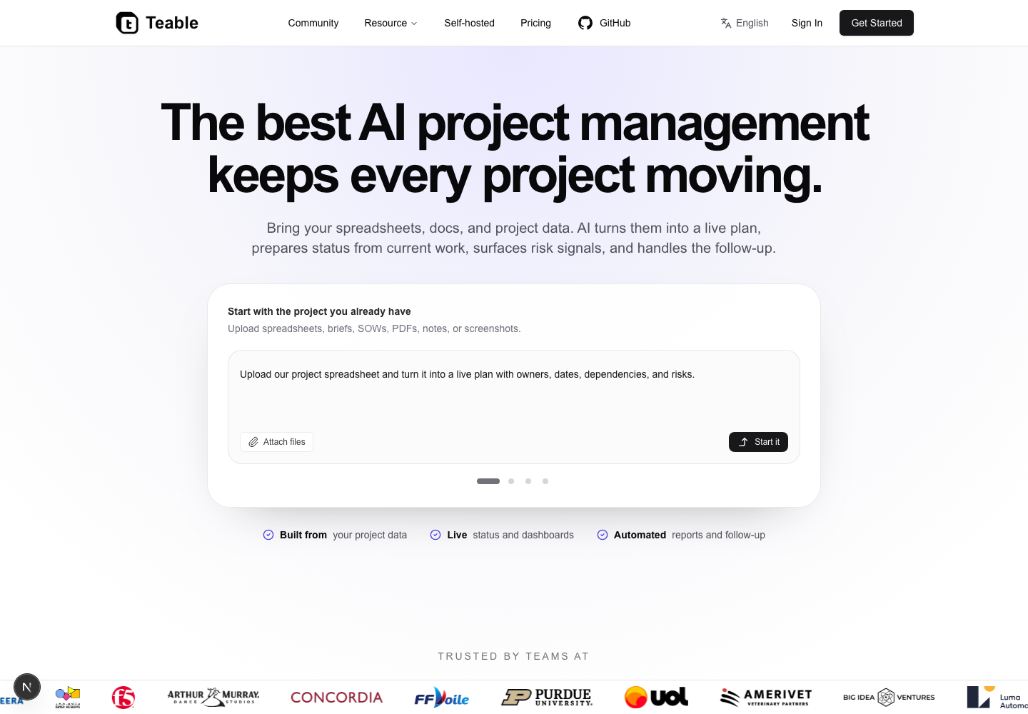 AI Project Management page showing projects, tasks, and progress