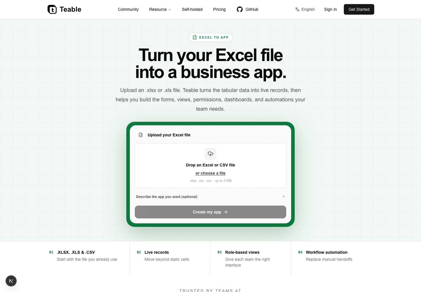 Excel to App page showing how a spreadsheet becomes a business app