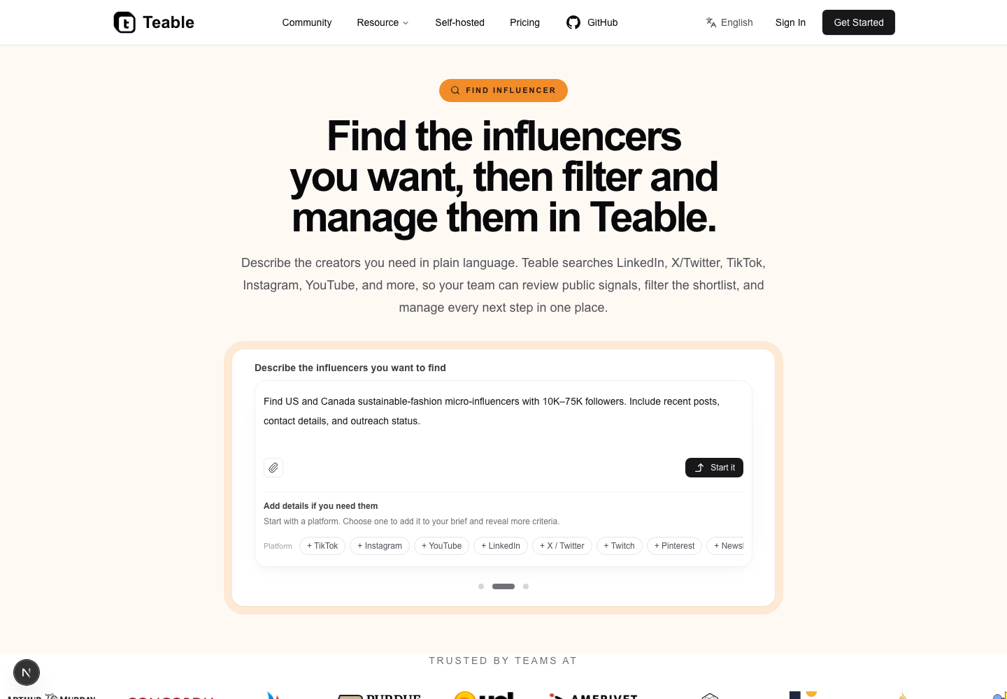 Find Influencers page showing a creator discovery and management workflow