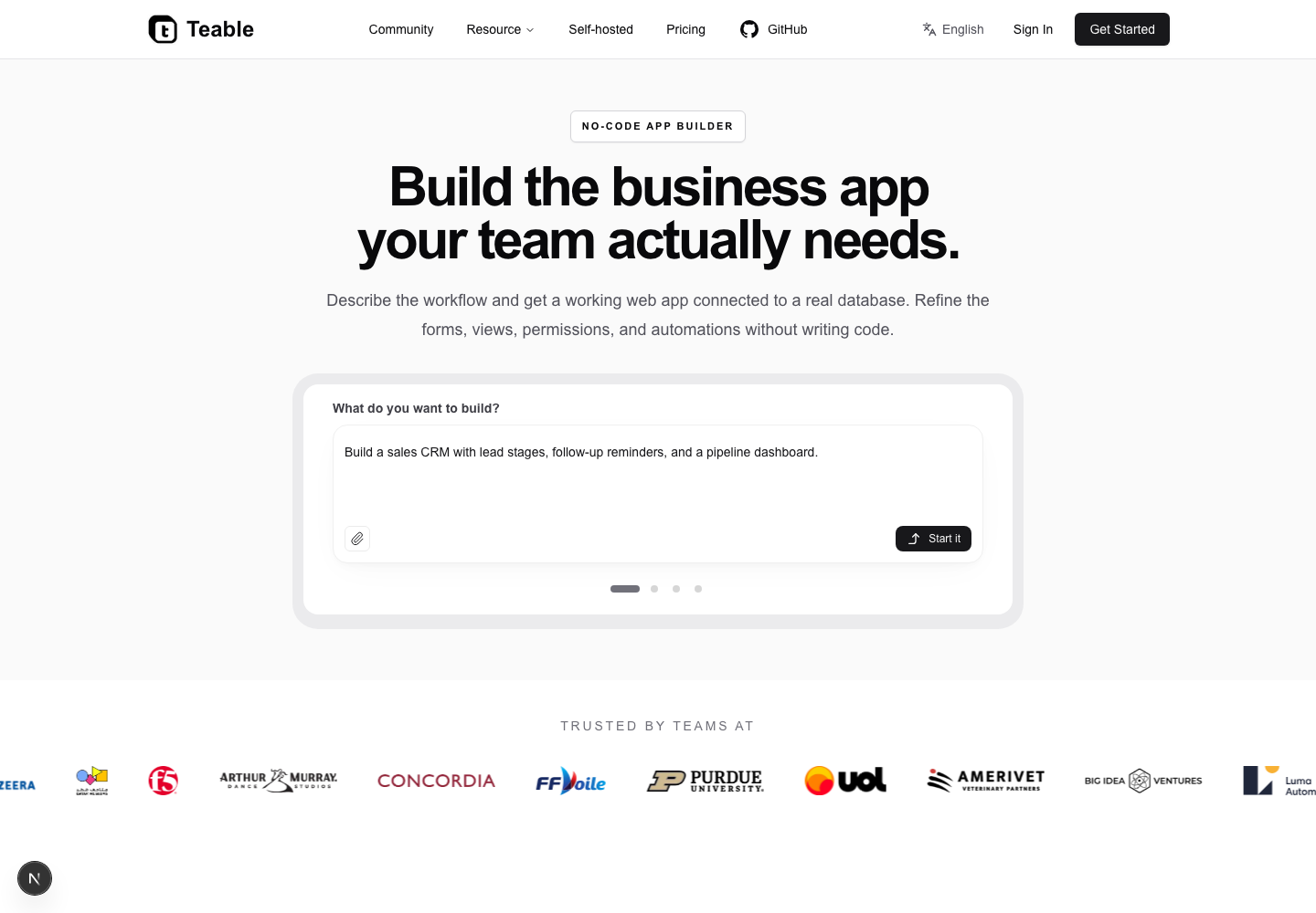 No-Code App Builder page showing a business application interface