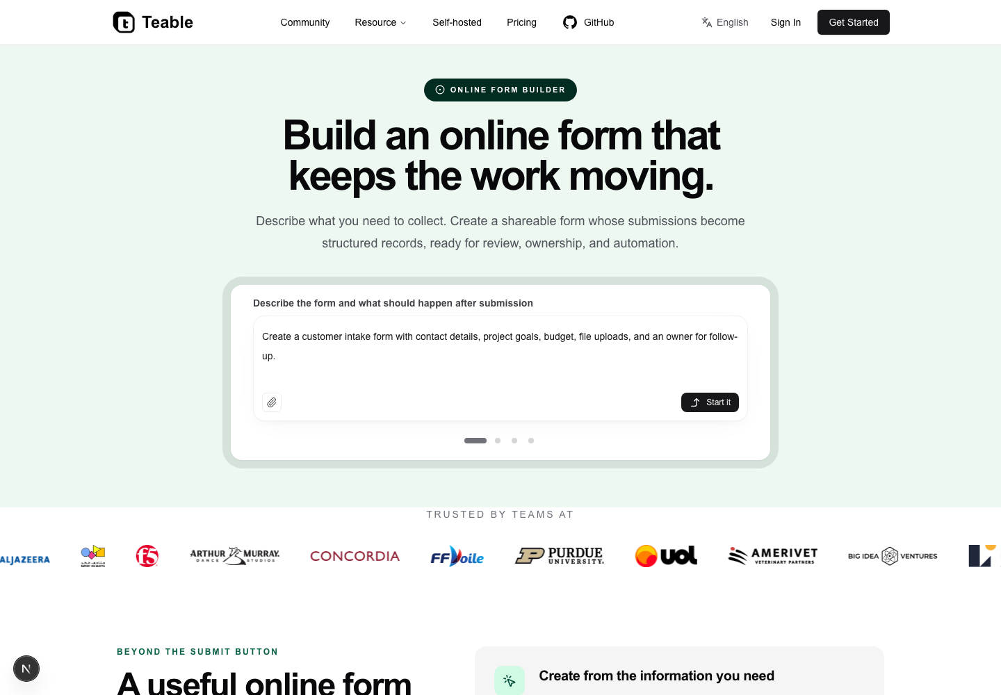 Online Form Builder page showing a form connected to a business workflow