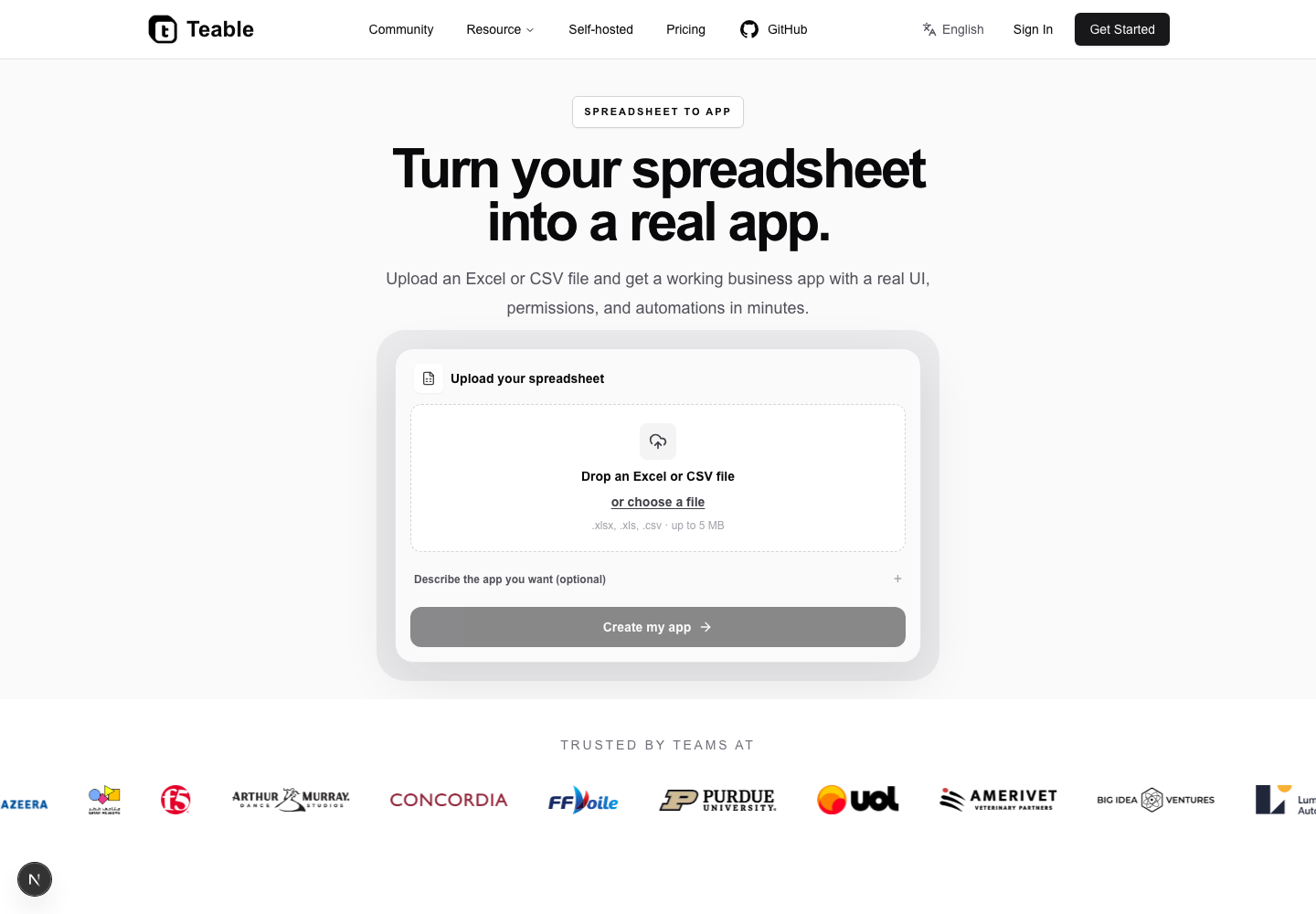 Spreadsheet to App page with a spreadsheet-to-application workflow