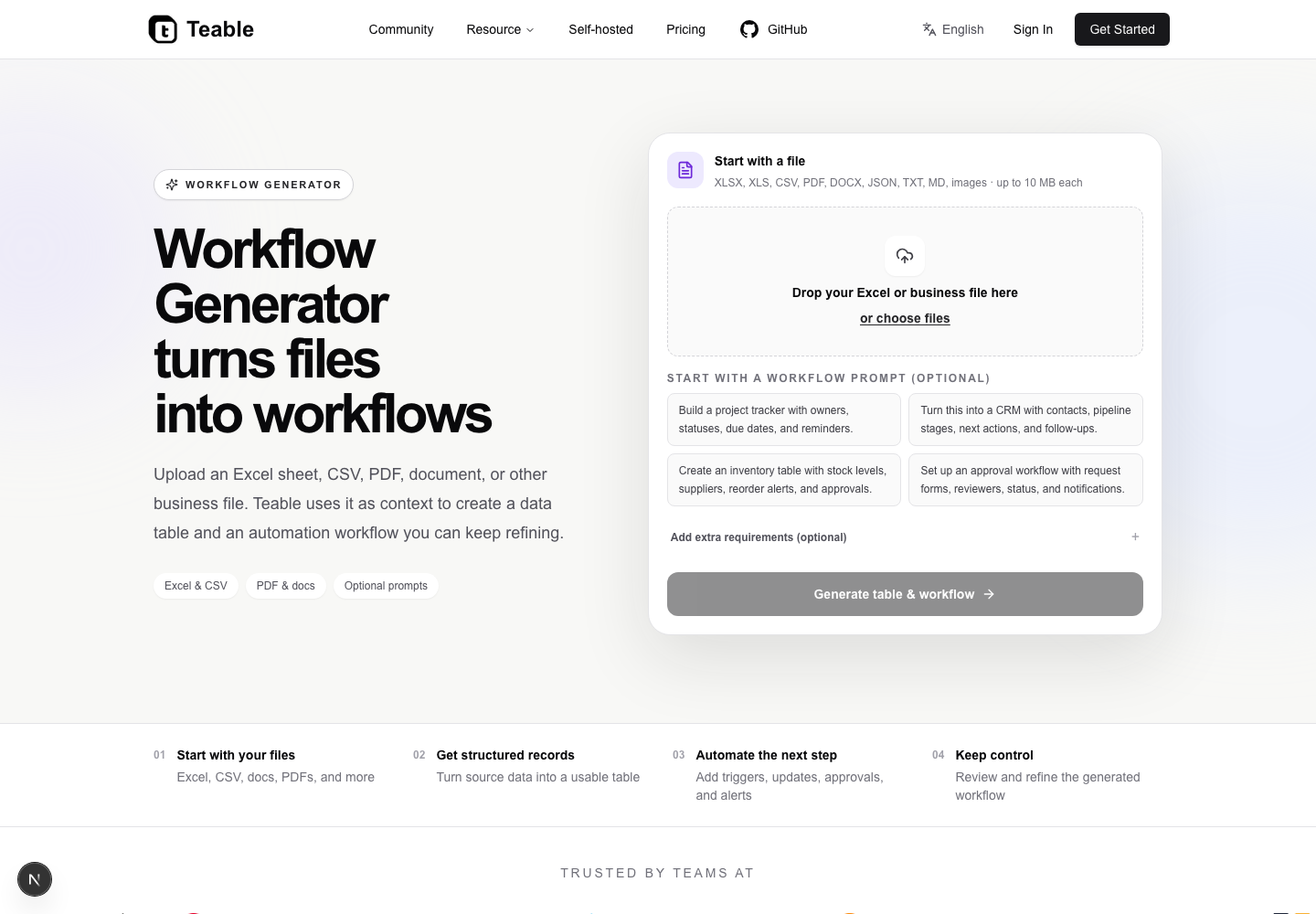 Workflow Generator page showing file upload and workflow creation