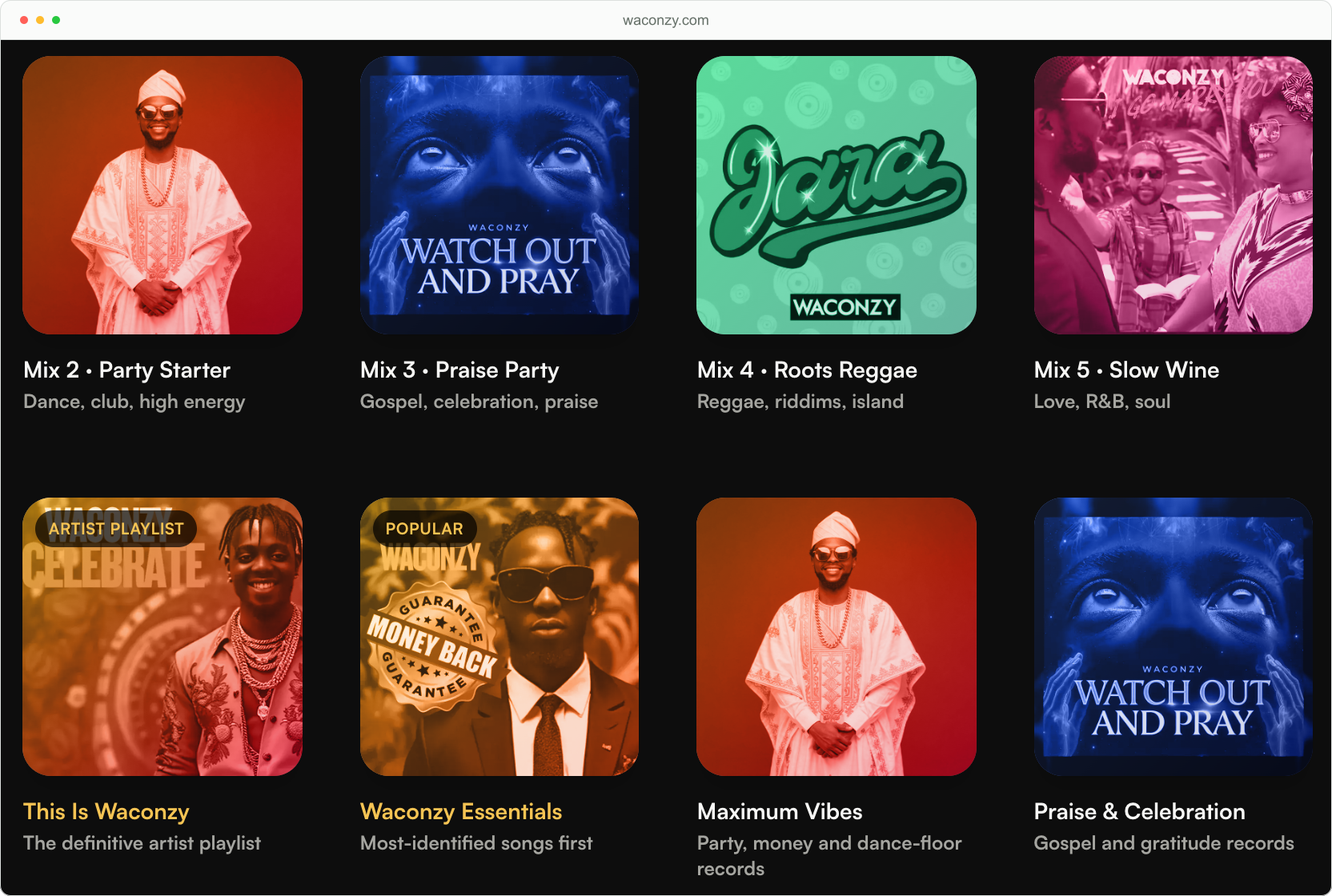 Artwork-led playlists and listening choices on Waconzy's official website.