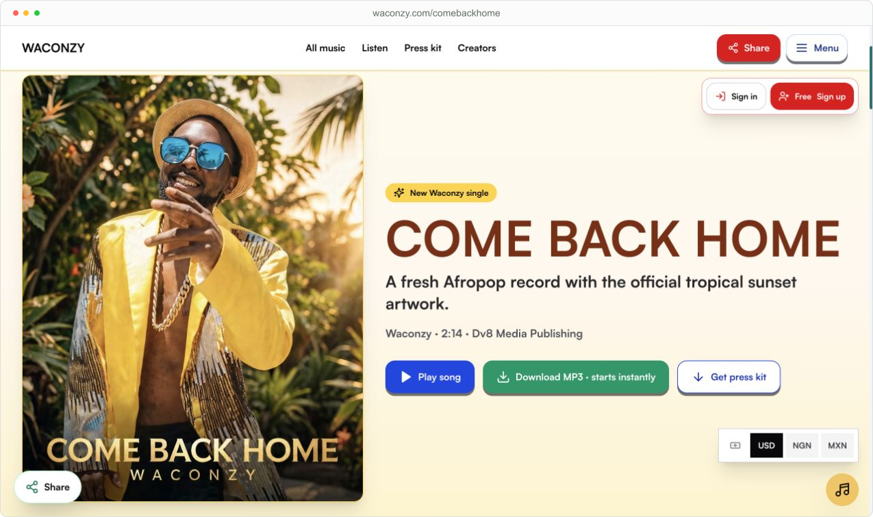 The Come Back Home release page on Waconzy.com, with artwork, playback, download and press-kit links.